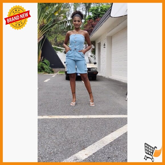 Strapless Denim Jumpsuit Cargo Corset Romper Size Small Polyester - Picture 7 of 7